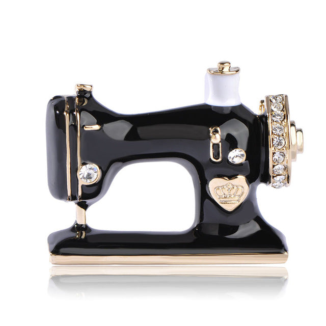 Black Enamel & Rhinestones Sewing Machine Brooch