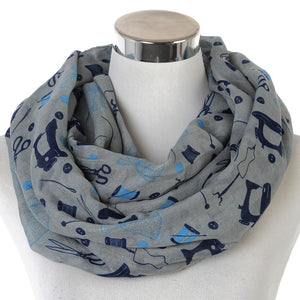 Fashion Gray Scissors Sewing Machine Print Ring Infinity Scarf For Women